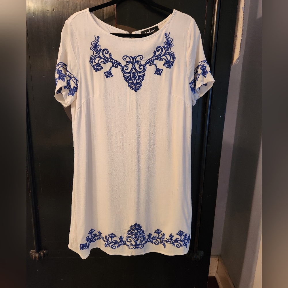 Lulu's Mini Dress, Tale to Tell Blue and Ivory Embroidered Shift, Size XL, Party - Picture 1 of 12